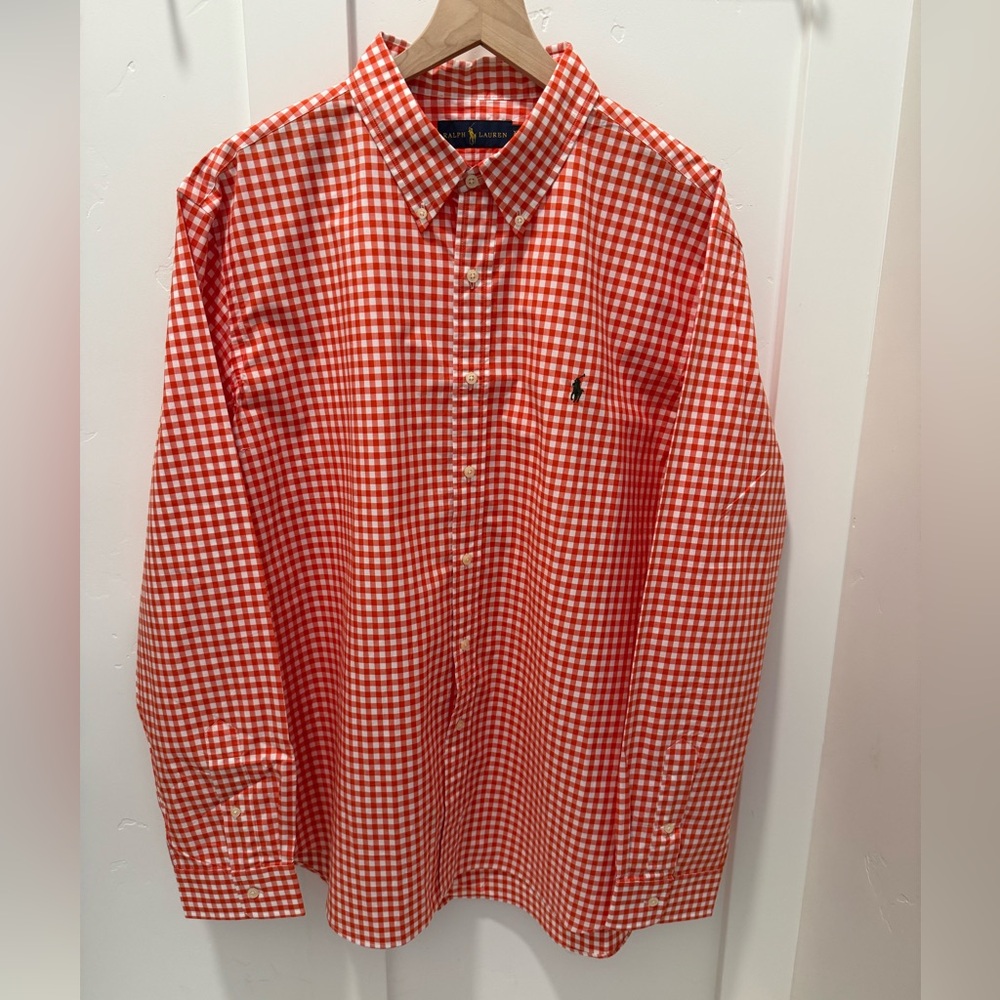 Polo by Ralph Lauren Men's Orange and White Gingham Shirt